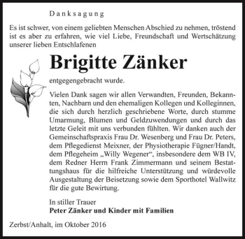 Traueranzeige von Brigitte Zänker  von Magdeburger Volksstimme