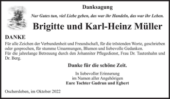 Traueranzeige von Brigitte und Karl-Heinz Müller  von Magdeburger Volksstimme