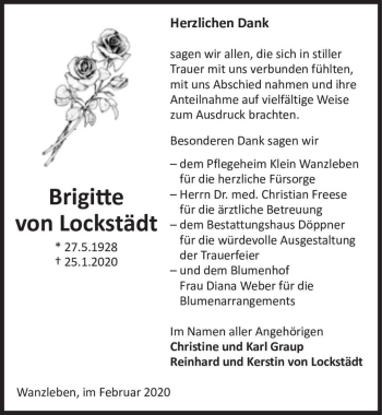 Traueranzeige von Brigitte von Lockstädt  von Magdeburger Volksstimme