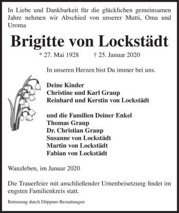 Traueranzeige von Brigitte von Lockstädt  von Magdeburger Volksstimme