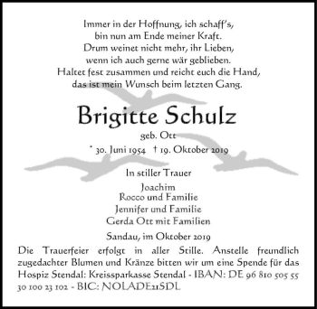 Traueranzeige von Brigtte Schulz (geb. Ott)  von Magdeburger Volksstimme