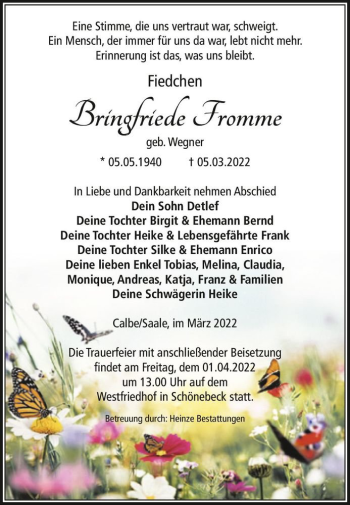 Traueranzeige von Bringfriede Fromme (geb. Wegner)  von Magdeburger Volksstimme