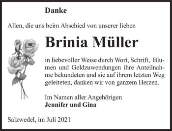 Traueranzeige von Brinia Müller  von Magdeburger Volksstimme