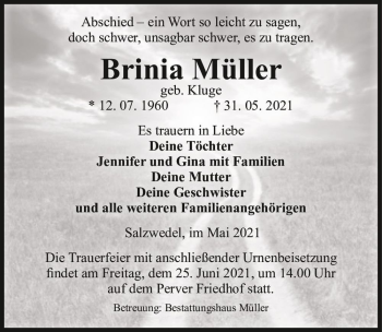 Traueranzeige von Brinia Müller (geb. Kluge)  von Magdeburger Volksstimme