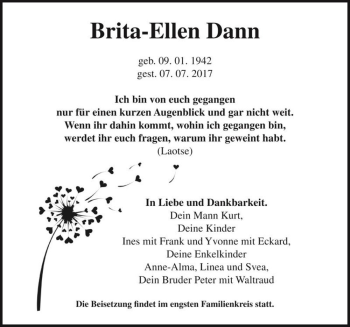 Traueranzeige von Brita-Ellen Dann  von Magdeburger Volksstimme