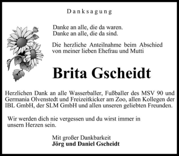 Traueranzeige von Brita Gscheidt  von Magdeburger Volksstimme