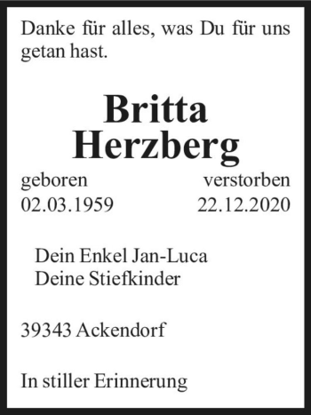 Traueranzeige von Britta Herzberg  von Magdeburger Volksstimme