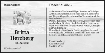 Traueranzeige von Britta Herzberg (geb. Augstein)  von Magdeburger Volksstimme