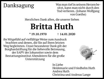 Traueranzeige von Britta Huth  von Magdeburger Volksstimme