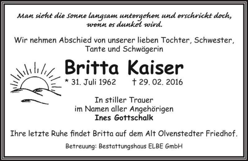  Traueranzeige für Britta Kaiser  vom 19.03.2016 aus Magdeburger Volksstimme
