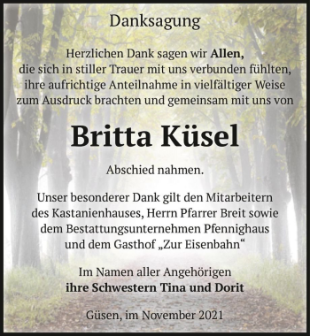 Traueranzeige von Britta Küsel  von Magdeburger Volksstimme