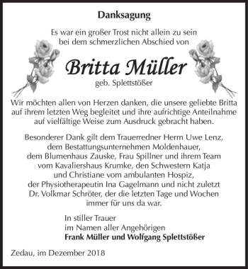 Traueranzeige von Britta Müller (geb. Splettstößer)  von Magdeburger Volksstimme