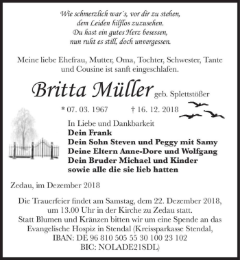 Traueranzeige von Britta Müller (geb. Splettstößer)  von Magdeburger Volksstimme