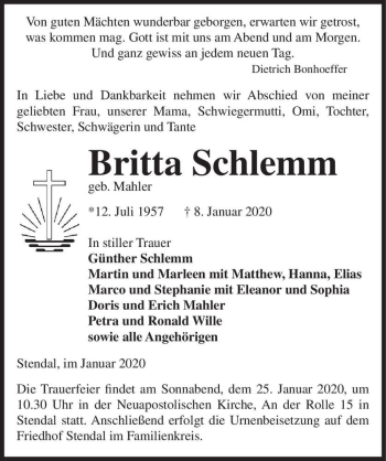 Traueranzeige von Britta Schlemm (geb. Mahler)  von Magdeburger Volksstimme