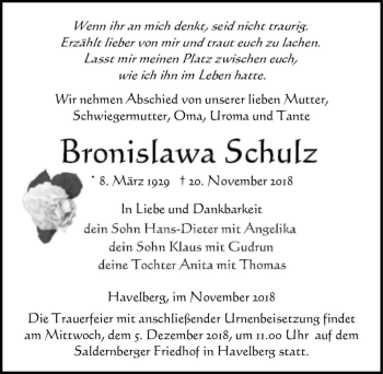 Traueranzeige von Bronislawa Schulz  von Magdeburger Volksstimme