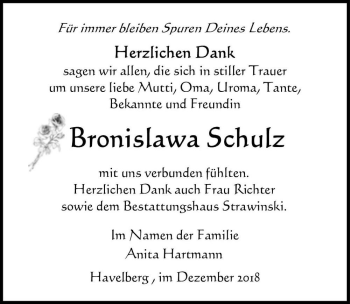 Traueranzeige von Bronislawa Schulz  von Magdeburger Volksstimme