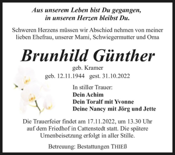 Traueranzeige von Brunhild Günther (geb. Kramer)  von Magdeburger Volksstimme