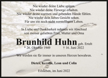 Traueranzeige von Brunhild Huhn (geb. Ertelt)  von Magdeburger Volksstimme