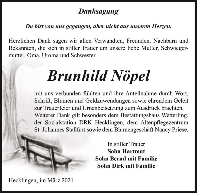  Traueranzeige für Brunhild Nöpel  vom 27.03.2021 aus Magdeburger Volksstimme