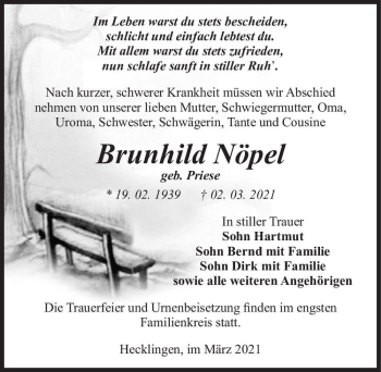 Traueranzeige von Brunhild Nöpel (geb. Priese)  von Magdeburger Volksstimme