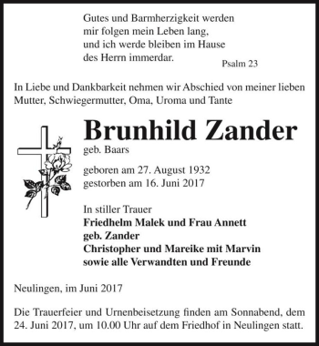 Traueranzeige von Brunhild Zander (geb. Baars)  von Magdeburger Volksstimme