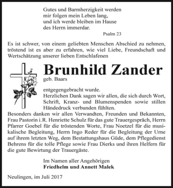 Traueranzeige von Brunhild Zander (geb. Baars)  von Magdeburger Volksstimme