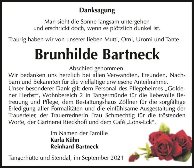  Traueranzeige für Brunhilde Bartneck  vom 18.09.2021 aus Magdeburger Volksstimme