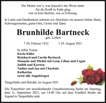 Traueranzeige von Brunhilde Bartneck (geb. Leifert)  von Magdeburger Volksstimme