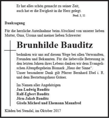 Traueranzeige von Brunhilde Bauditz  von Magdeburger Volksstimme