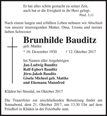 Traueranzeige von Brunhilde Bauditz (geb. Mattke)  von Magdeburger Volksstimme