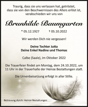 Traueranzeige von Brunhilde Baumgarten  von Magdeburger Volksstimme