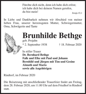 Traueranzeige von Brunhilde Bethge (geb. Projahn)  von Magdeburger Volksstimme