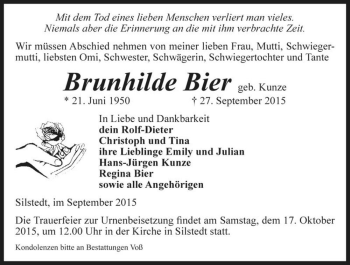 Traueranzeige von Brunhilde Bier (geb. Kunze)  von Magdeburger Volksstimme