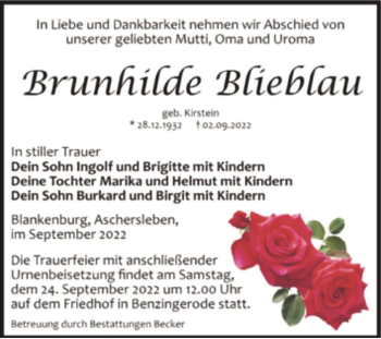 Traueranzeige von Brunhilde Blieblau (geb. Kirstein)  von Magdeburger Volksstimme