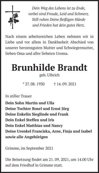 Traueranzeige von Brunhilde Brandt (geb. Ulbrich)  von Magdeburger Volksstimme