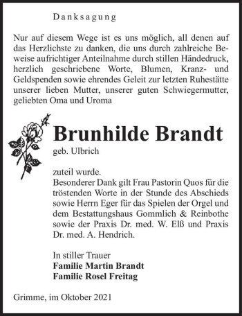 Traueranzeige von Brunhilde Brandt (geb. Ulbrich)  von Magdeburger Volksstimme