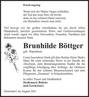 Traueranzeige von Brunhilde Böttger (geb. Wapenhans)  von Magdeburger Volksstimme