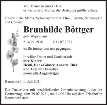 Traueranzeige von Brunhilde Böttger (geb. Wapenhans)  von Magdeburger Volksstimme