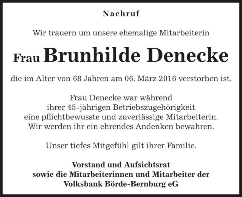  Traueranzeige für Brunhilde Denecke  vom 12.03.2016 aus Magdeburger Volksstimme