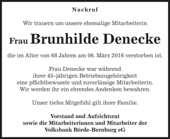 Traueranzeige von Brunhilde Denecke  von Magdeburger Volksstimme