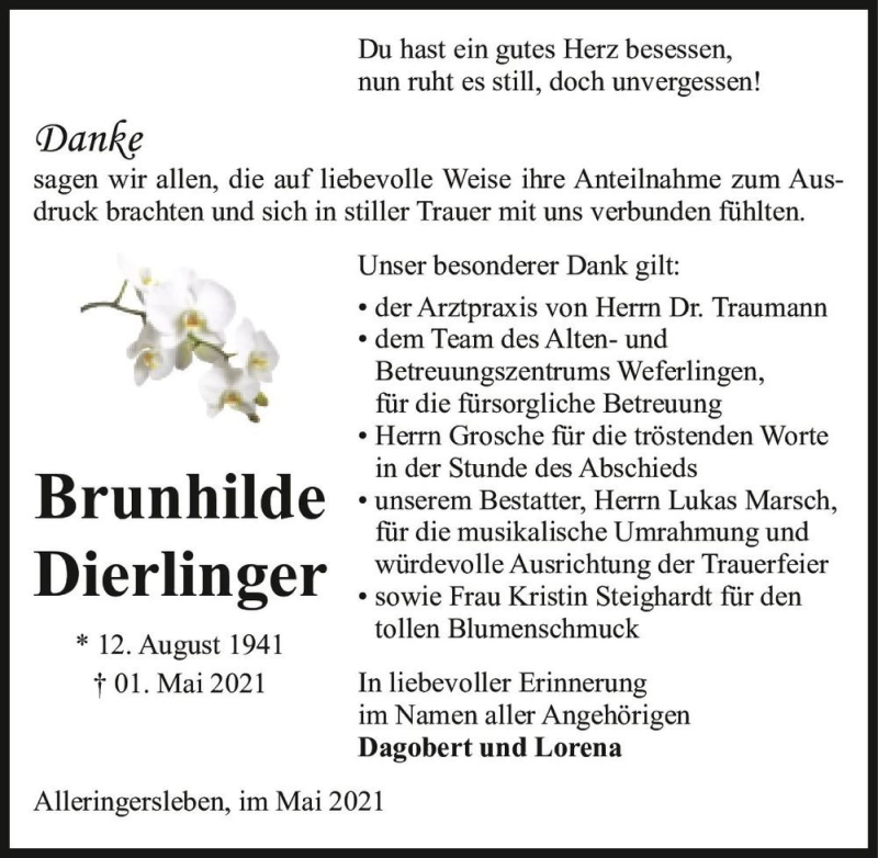  Traueranzeige für Brunhilde Dierlinger  vom 22.05.2021 aus Magdeburger Volksstimme