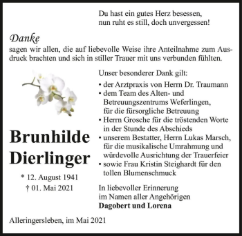 Traueranzeige von Brunhilde Dierlinger  von Magdeburger Volksstimme
