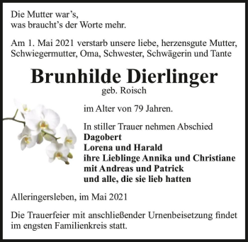 Traueranzeige von Brunhilde Dierlinger (geb. Roisch)  von Magdeburger Volksstimme