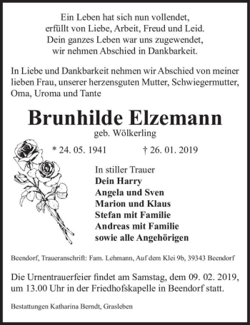Traueranzeige von Brunhilde Elzemann (geb. Wölkerlin)  von Magdeburger Volksstimme