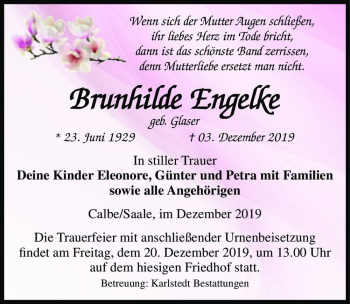 Traueranzeige von Brunhilde Engelke (geb. Glaser)  von Magdeburger Volksstimme