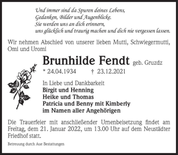 Traueranzeige von Brunhilde Fendt (geb. Gruzdz)  von Magdeburger Volksstimme