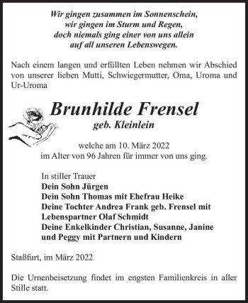 Traueranzeige von Brunhilde Frensel (geb. Kleinlein)  von Magdeburger Volksstimme