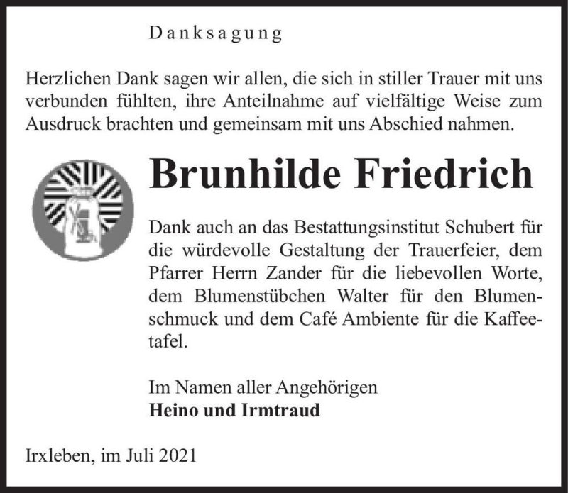  Traueranzeige für Brunhilde Friedrich  vom 24.07.2021 aus Magdeburger Volksstimme