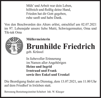 Traueranzeige von Brunhilde Friedrich (geb. Krüssel)  von Magdeburger Volksstimme