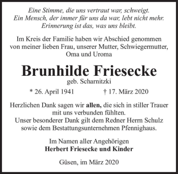 Traueranzeige von Brunhilde Friesecke (geb. Scharnitzki)  von Magdeburger Volksstimme